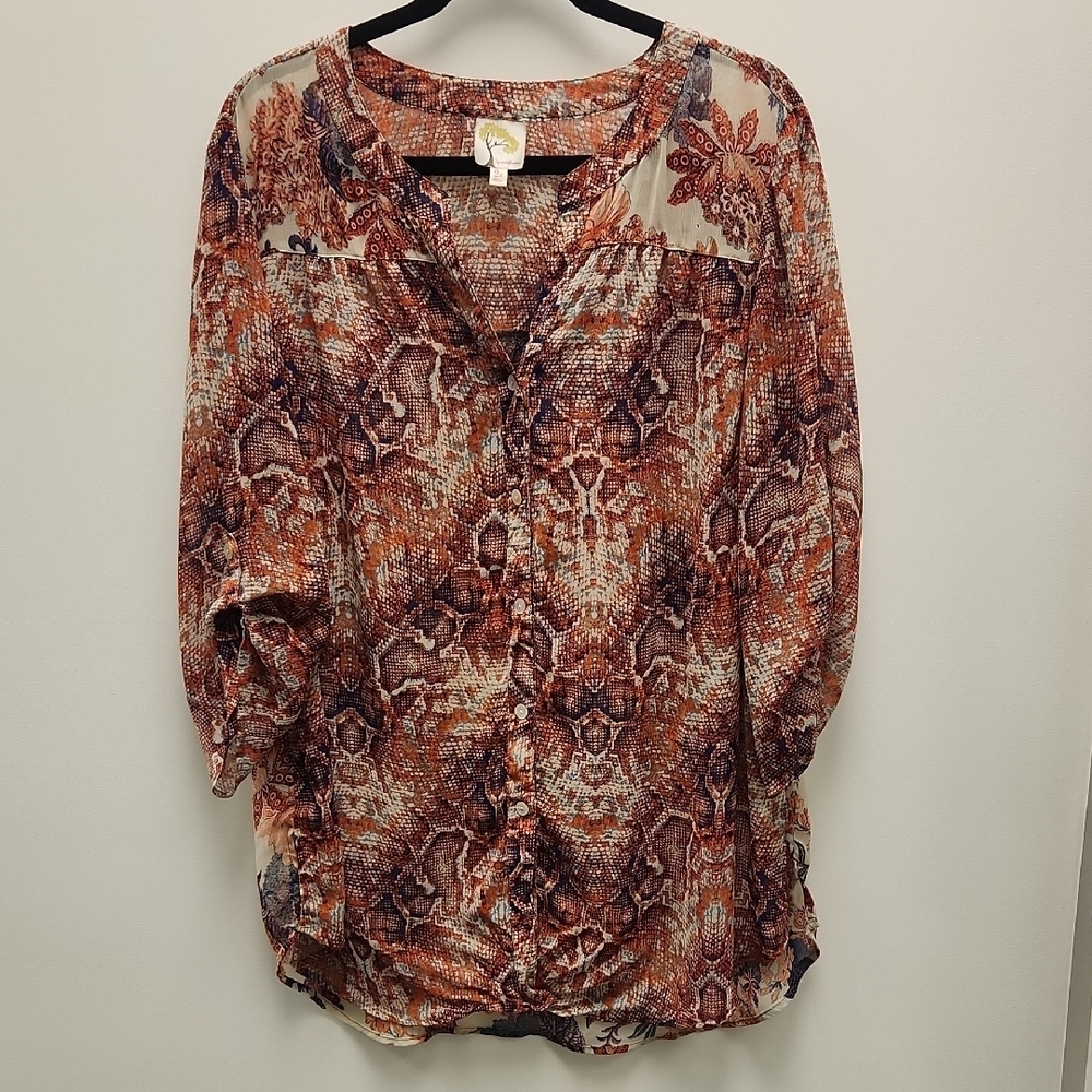 Fig and Flower Sheer Snakeskin Floral Mixed Print Women's Blouse 2X